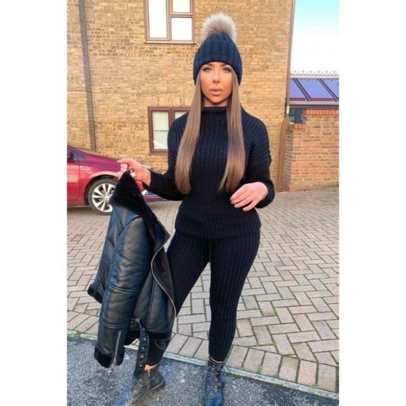 Black Knitted Long Sleeve Turtle Neck Sweater Top and Leggings Two Piece Set - Picture 4 of 8